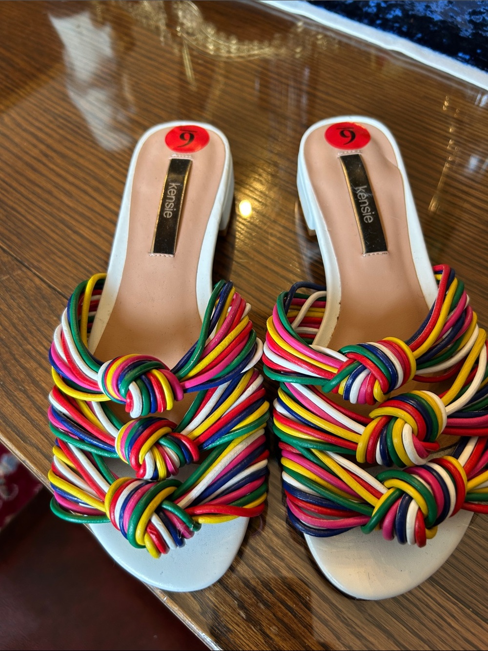 kensie White Slide Mules with Multicolor Knotted Straps